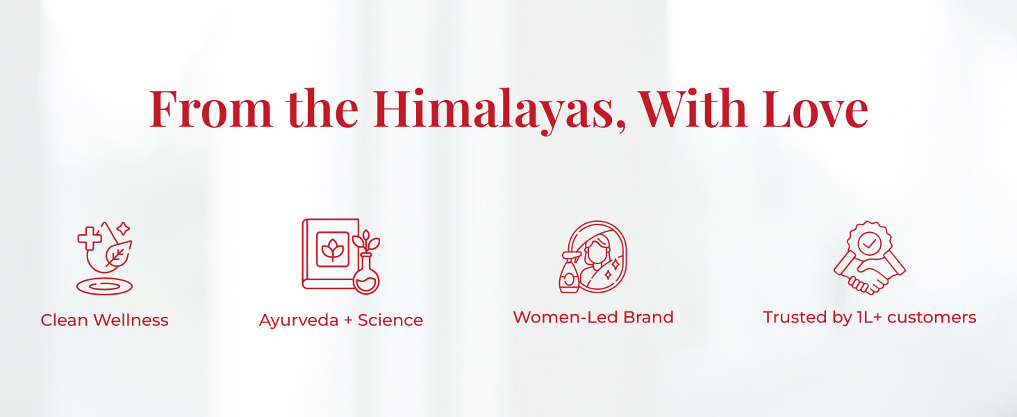 Heading on the image reads: "From the Himalayas, With Love".  Four iconic illustrations with text support each value – a leaf and cross for wellness represent Clean Wellness, a book and flask for Ayurveda & science labeled Ayurveda + Science, a woman icon for Women-Led Brand, and a handshake with a badge for Trusted by 1L+ customers.
