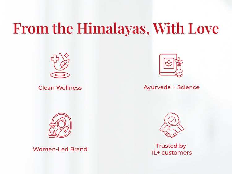 Heading on the image reads: "From the Himalayas, With Love".  Four iconic illustrations with text support each value – a leaf and cross for wellness represent Clean Wellness, a book and flask for Ayurveda & science labeled Ayurveda + Science, a woman icon for Women-Led Brand, and a handshake with a badge for Trusted by 1L+ customers.
