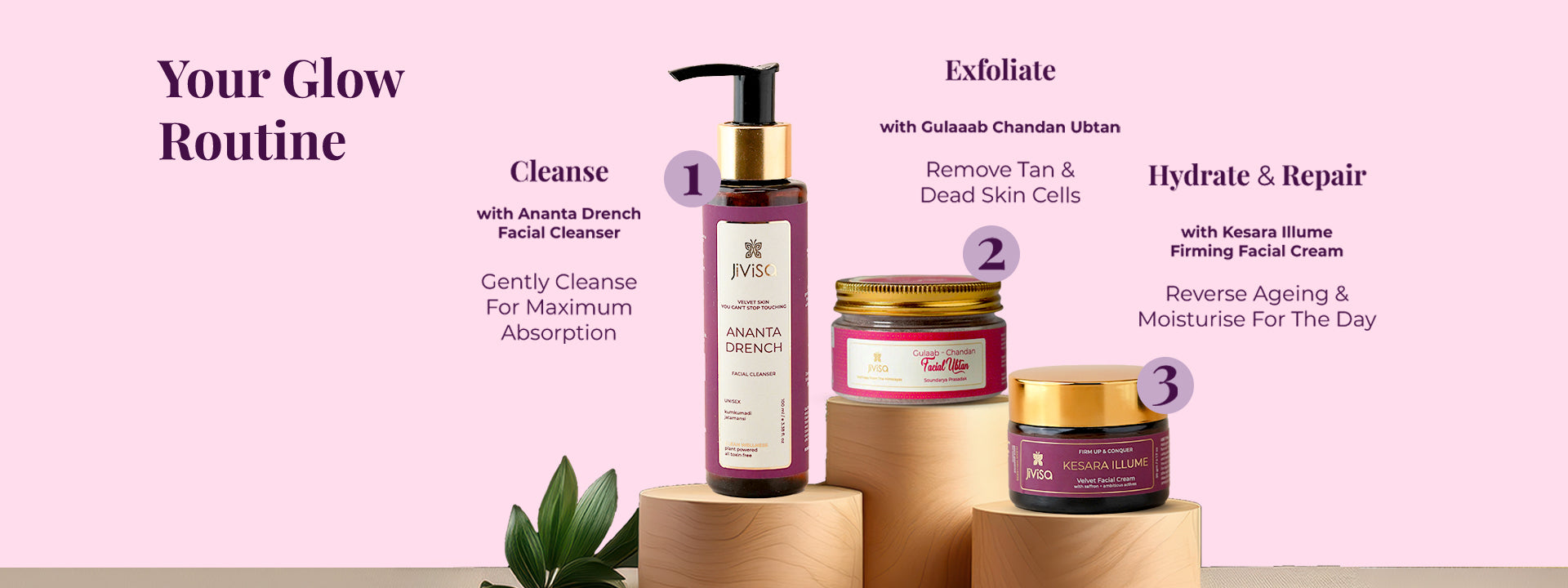 Three skincare steps for glow routine showing facial cleanser, Gulaab Chandan Ubtan face pack, and Kesara Illume face cream for cleansing, exfoliating and repair.