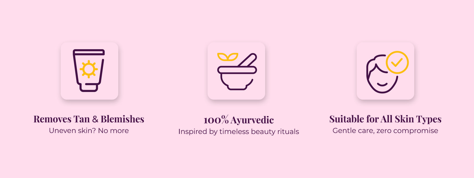 Icons showing removes tan and blemishes, 100% ayurvedic, and suitable for all skin types.