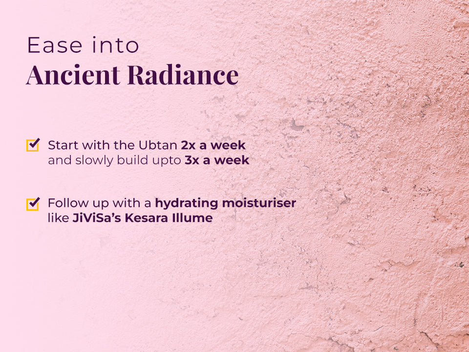 Text about using ubtan 2 times a week and increasing to 3 times a week with texture background.