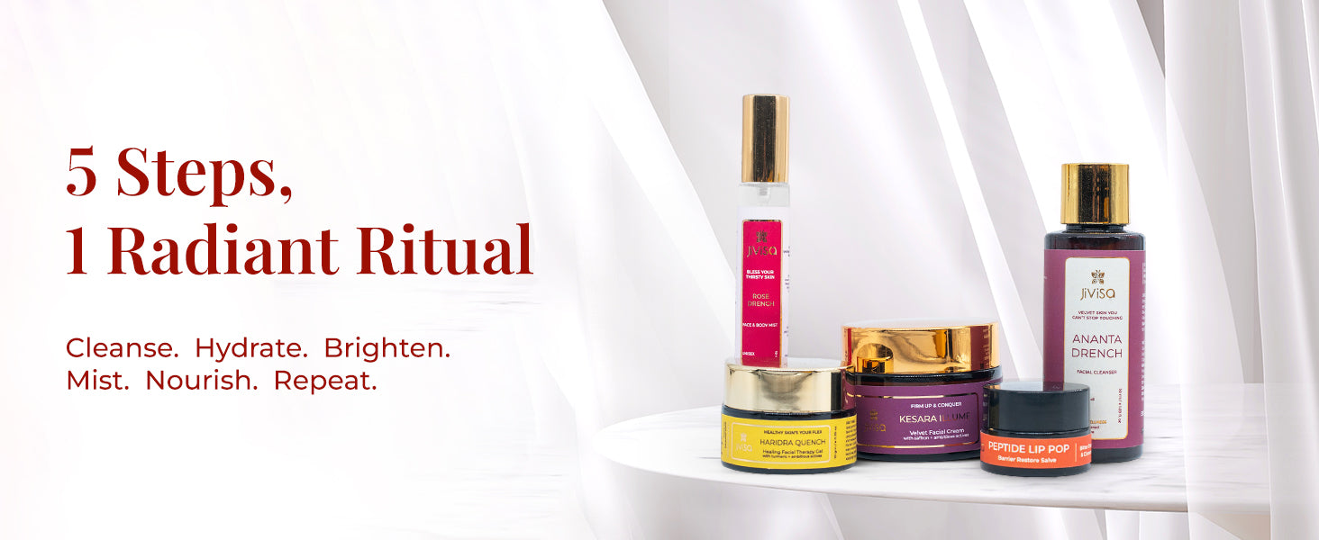 A minimal setup of JiViSa Himalayan Glow Ritual For Her gift box set, including Rose Drench mist, Ananta Drench cleanser, Haridra Quench gel, Kesara Illume velvet cream, and Peptide Lip Pop balm. Text on the left introduces the regime: “5 Steps, 1 Radiant Ritual” followed by “Cleanse. Hydrate. Brighten. Mist. Nourish. Repeat,” highlighting the step-by-step skincare experience.


