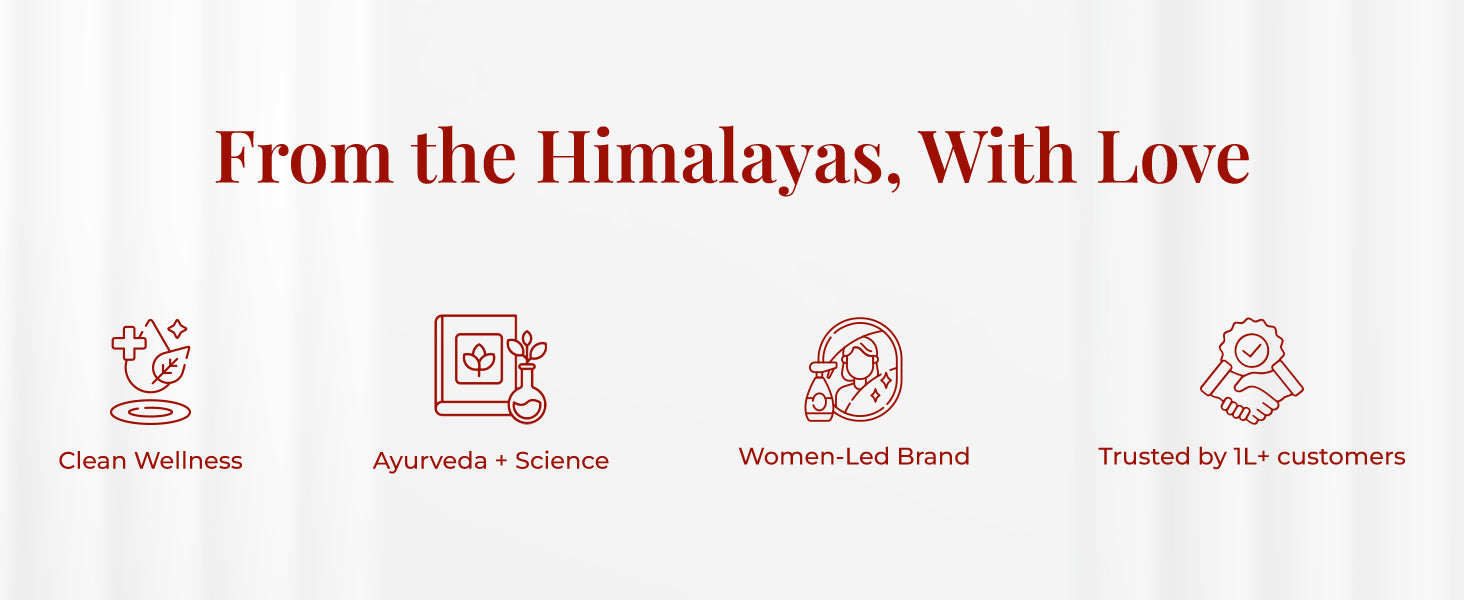 Heading on the image reads: "From the Himalayas, With Love".  Four iconic illustrations with text support each value – a leaf and cross for wellness represent Clean Wellness, a book and flask for Ayurveda & science labeled Ayurveda + Science, a woman icon for Women-Led Brand, and a handshake with a badge for Trusted by 1L+ customers.
