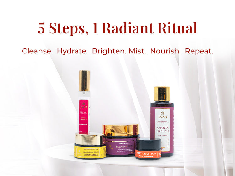 A minimal setup of JiViSa Himalayan Glow Ritual For Her gift box set, including Rose Drench mist, Ananta Drench cleanser, Haridra Quench gel, Kesara Illume velvet cream, and Peptide Lip Pop balm. Text on the left introduces the regime: “5 Steps, 1 Radiant Ritual” followed by “Cleanse. Hydrate. Brighten. Mist. Nourish. Repeat,” highlighting the step-by-step skincare experience.
