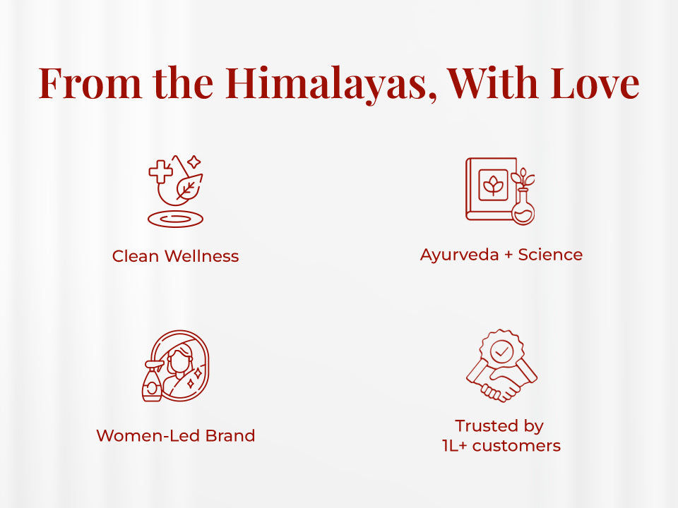Heading on the image reads: "From the Himalayas, With Love".  Four iconic illustrations with text support each value – a leaf and cross for wellness represent Clean Wellness, a book and flask for Ayurveda & science labeled Ayurveda + Science, a woman icon for Women-Led Brand, and a handshake with a badge for Trusted by 1L+ customers.
