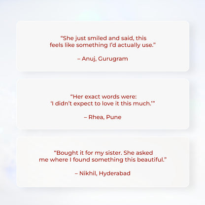 Customer reviews displayed in the simple white box: “She just smiled and said, this feels like something I’d actually use.” – Anuj, Gurugram; “Her exact words were: ‘I didn’t expect to love it this much.’” – Rhea, Pune; and “Bought it for my sister. She asked me where I found something this beautiful.” – Nikhil, Hyderabad.&quot;