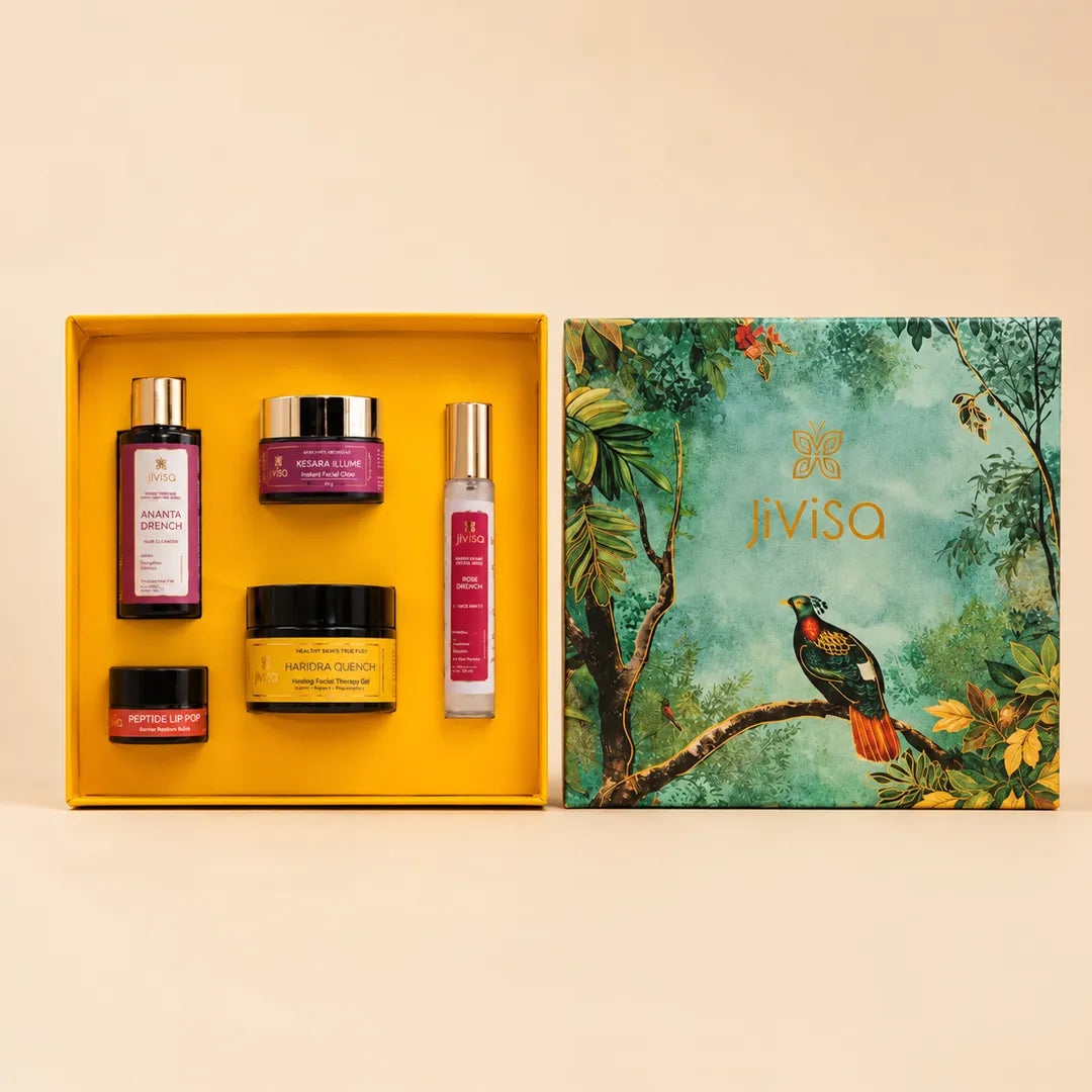 JiViSa Himalayan Glow Rituals Gift Box with Rose Drench, Ananta Drench, Kesara Illume, Haridra Quench and Peptide Lip Pop