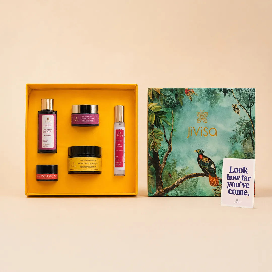 JiViSa Himalayan Glow skincare gift box with facial cleanser, face mist, face cream, healing gel moisturiser and lip salve