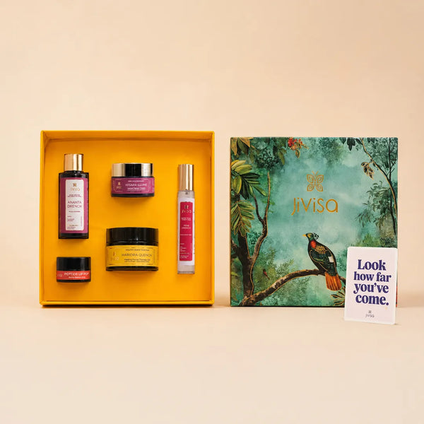 JiViSa Himalayan Glow skincare gift box with facial cleanser, face mist, face cream, healing gel moisturiser and lip salve
