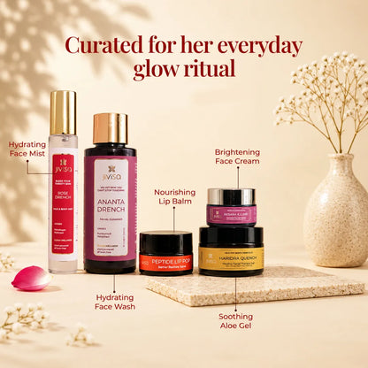 JiViSa Himalayan Glow Rituals Gift Box with Ananta Drench cleanser, Kesara Illume cream, Haridra Quench gel, Rose Drench mist and Peptide Lip Pop