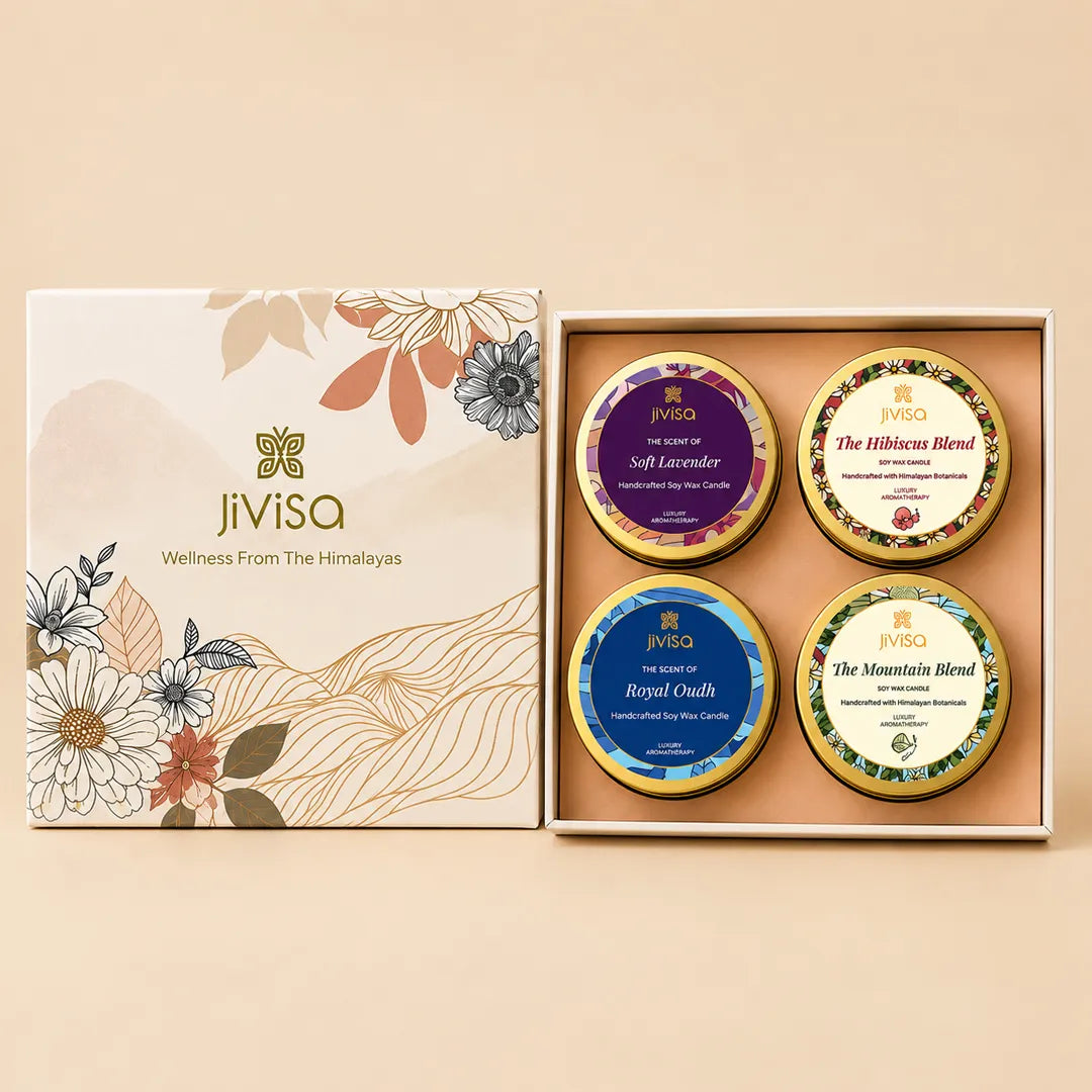 JiViSa Himalayan Herbal Tea &amp; Candle Gift Box with two herbal tea and two soy wax candle products
