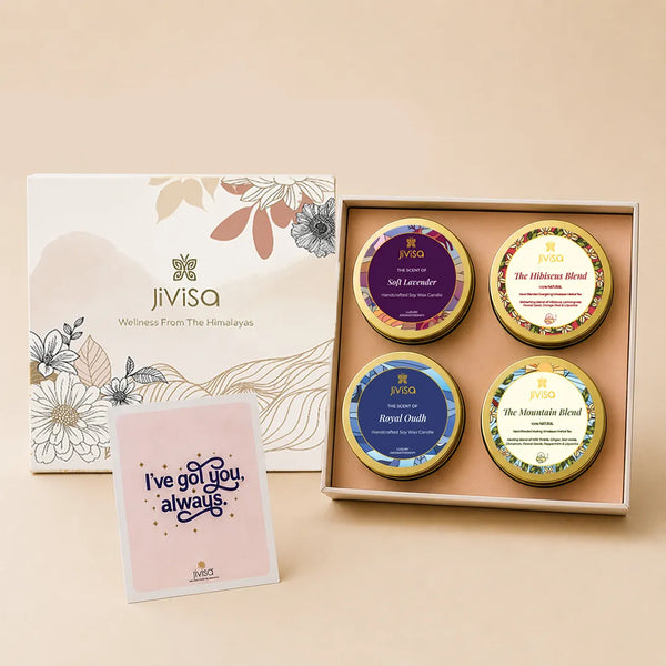 JiViSa Sibling Shoutout Rakhi gift box with 4 tins - Soft Lavender, Royal Oudh candles and Hibiscus, Mountain Blend teas  beside I've Got You Always card