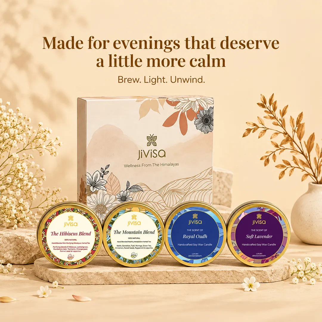 JiViSa Himalayan Herbal Tea &amp; Candle Gift Box with herbal tea blends and scented soy wax candles