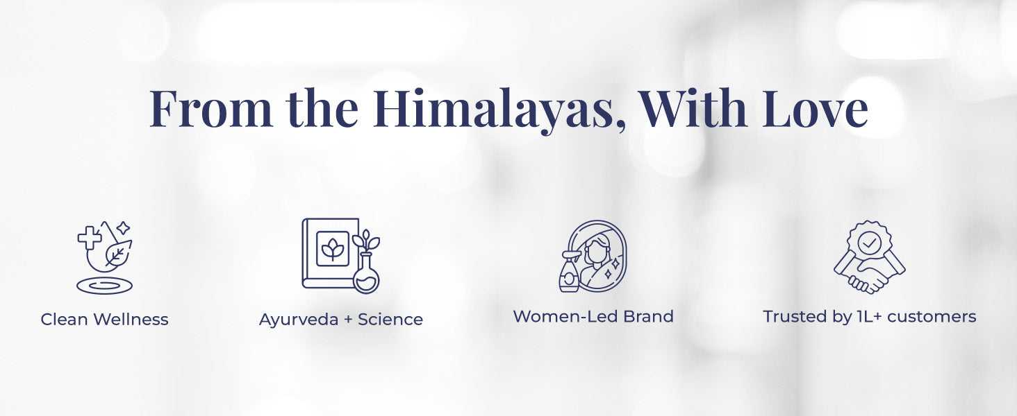 Heading on the image reads: "From the Himalayas, With Love".  Four iconic illustrations with text support each value – a leaf and cross for wellness represent Clean Wellness, a book and flask for Ayurveda & science labeled Ayurveda + Science, a woman icon for Women-Led Brand, and a handshake with a badge for Trusted by 1L+ customers.