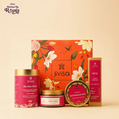 Himalayan Rose Radiance Gift Box with Rose Blend herbal tea for skin glow, Gulab chandan facial ubtan for detan, rose scented soy wax candle and a rose drench face mist.