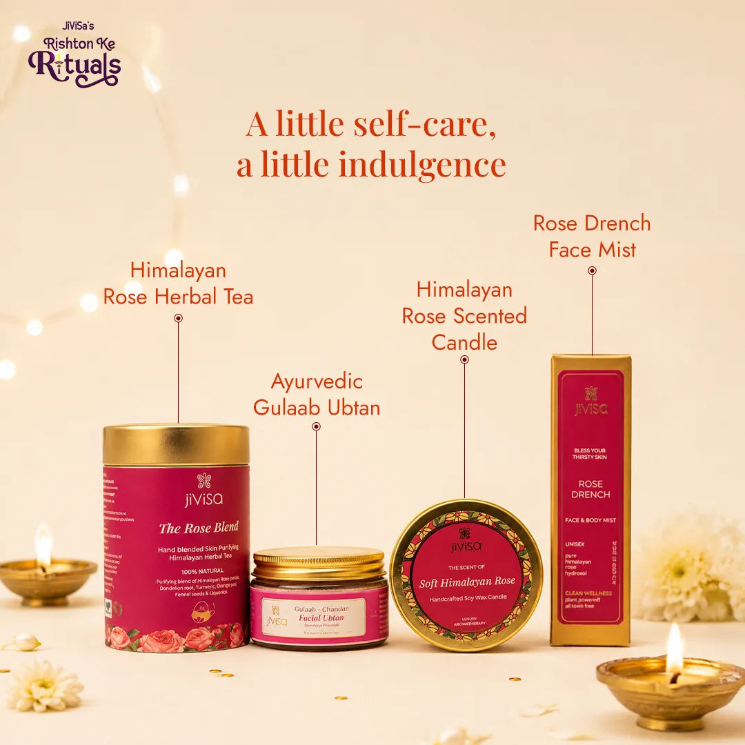 JiViSa rose gift box contents: Himalayan rose herbal tea, gulaab ubtan, rose candle and face mist