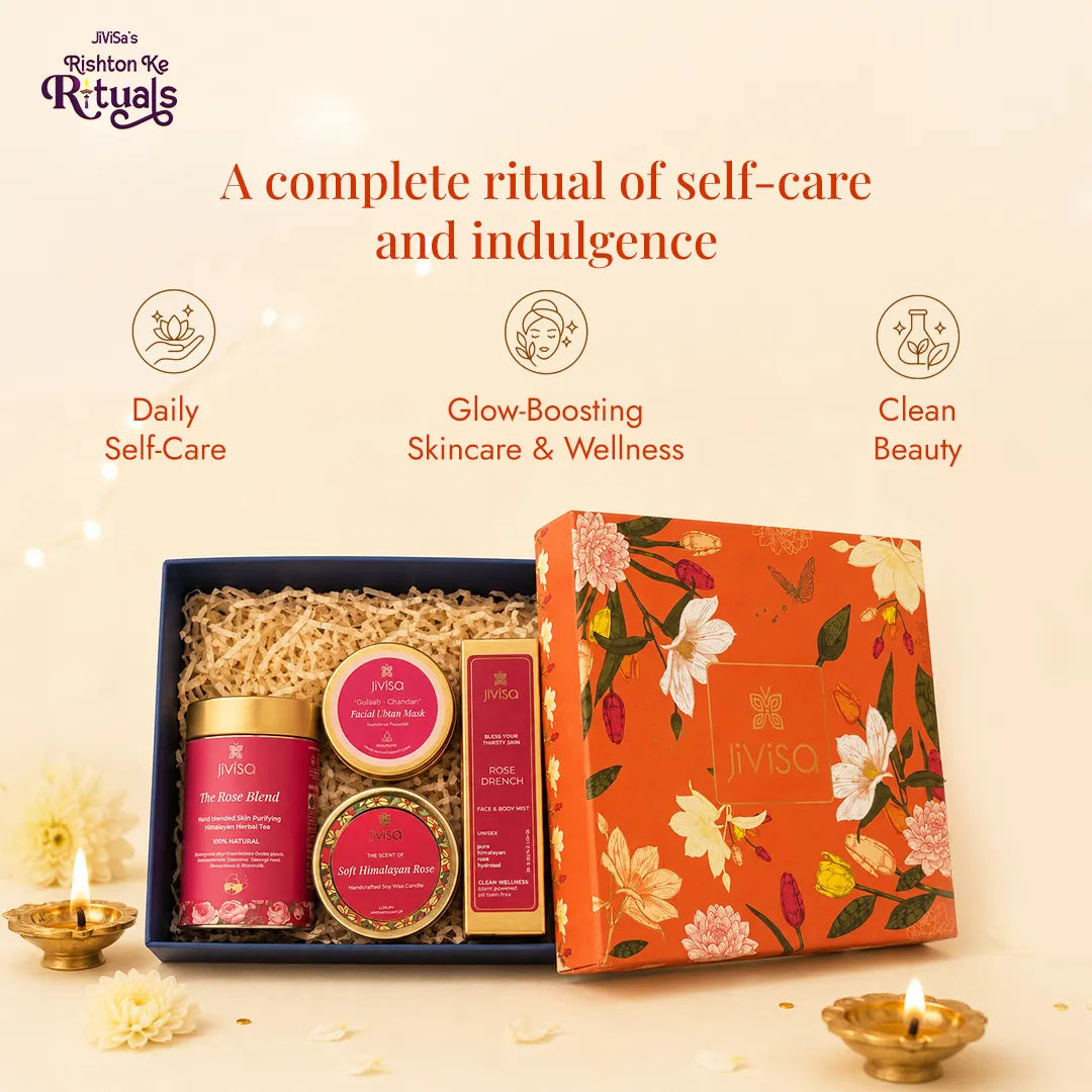 JiViSa Rose Radiance self-care gift box is a complete ritual of self care with Ayurvedic ubtan, rose herbal tea, soy candle and face mist
