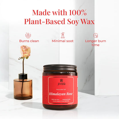 JiViSa Himalayan Rose candle made with 100% plant-based soy wax, burns clean with minimal soot and longer burn time