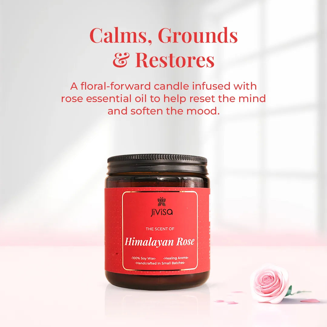 JiViSa Himalayan Rose Soy Wax Candle infused with rose essential oil to calm, ground and restore