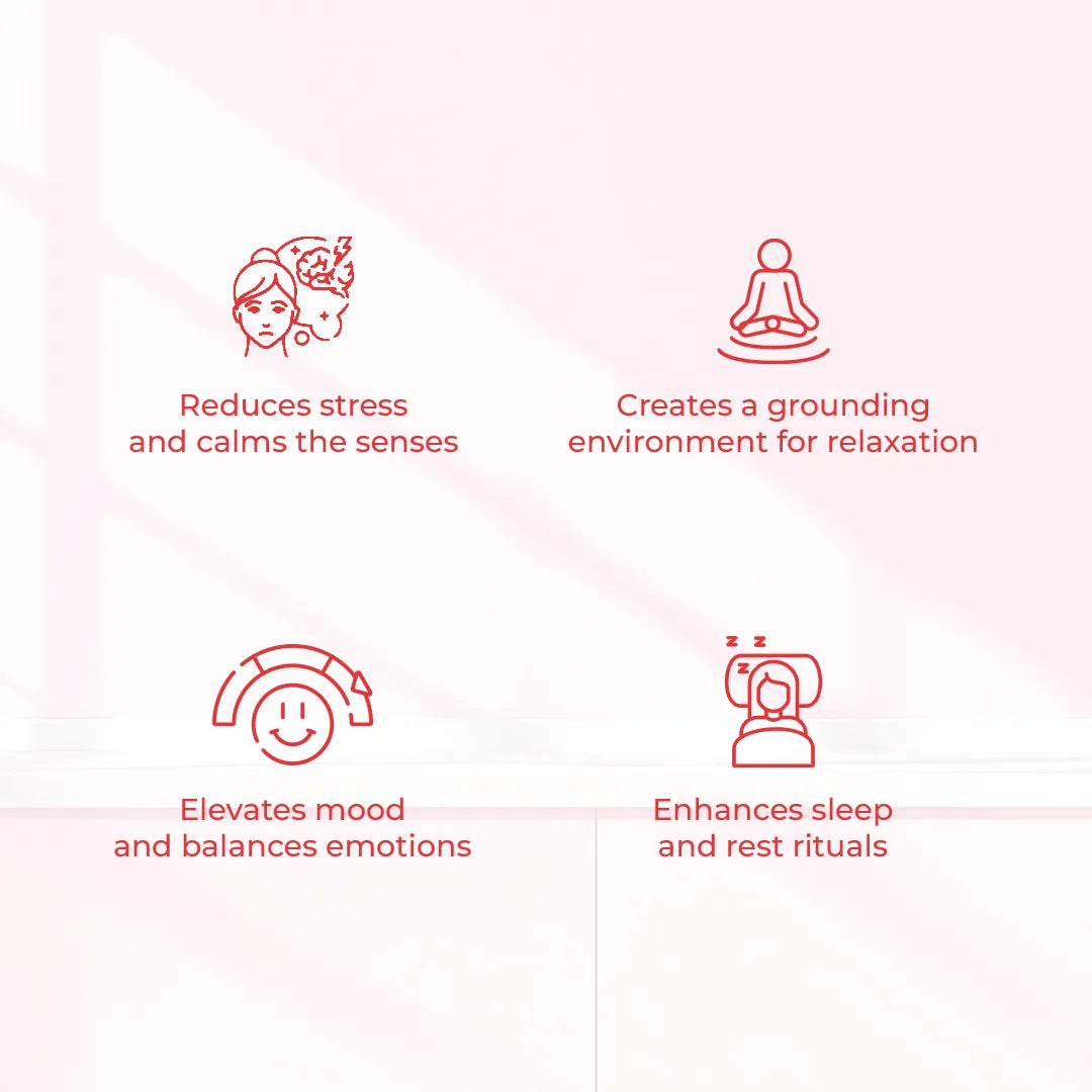 Benefits of JiViSa Himalayan Rose candle – reduces stress and calm senses, enhances sleep, elevates mood, creates a grounding environment for relaxation