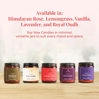 JiViSa soy wax candle collection – Himalayan Lemongrass, Cozy Vanilla, Himalayan Rose, Soft Lavender and Royal Oudh scented candles