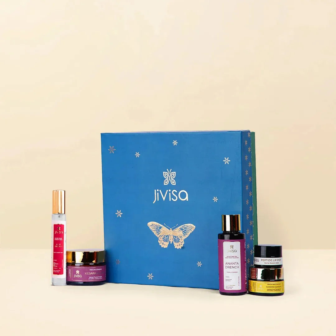 JiViSa Himalayan self-care gift box with skincare essentials and a premium blue gift box