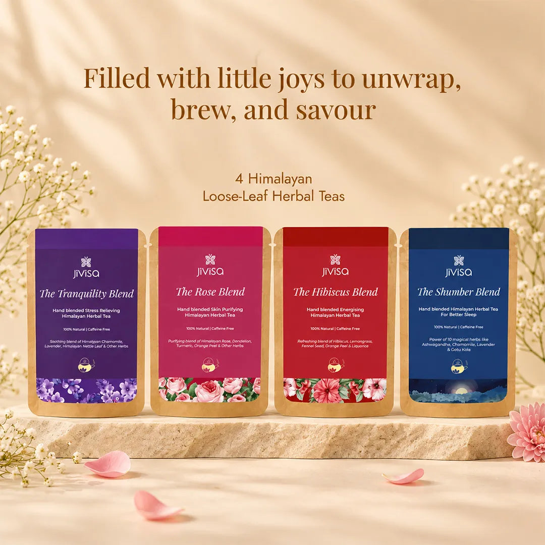 JiViSa Himalayan Tea Treasures Gift Box featuring four Himalayan loose-leaf herbal teas: The Tranquility Blend, The Rose Blend, The Hibiscus Blend, and The Slumber Blend.