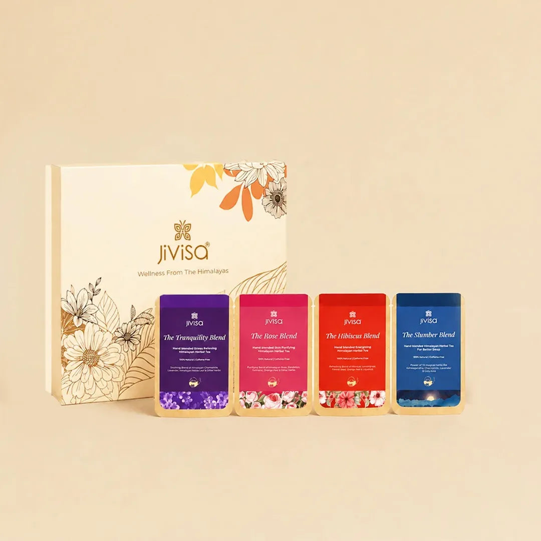 JiViSa Himalayan Tea Treasures Gift Box featuring four Himalayan loose-leaf herbal teas with a floral box