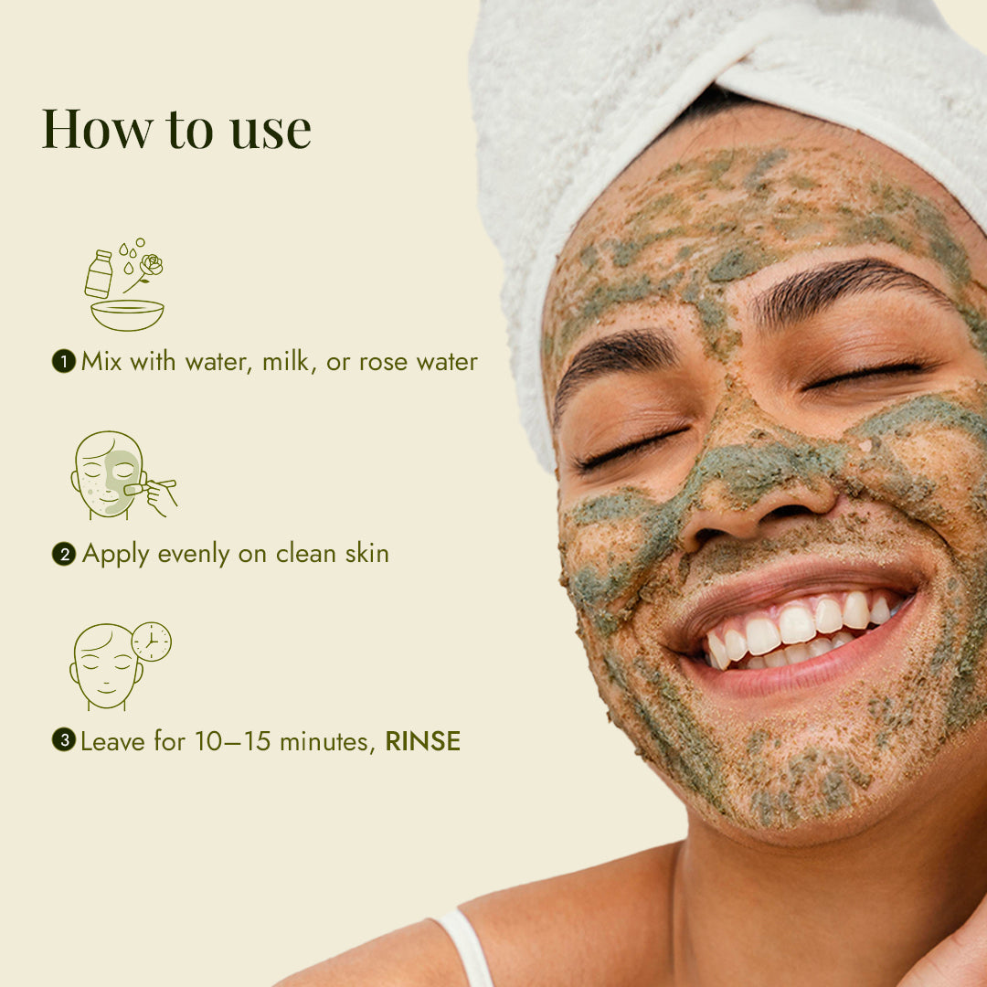 How to use JiViSa Kumari-Elaichi Ubtan: mix with water or rose water, apply on clean skin, leave 10 to 15 minutes, then rinse