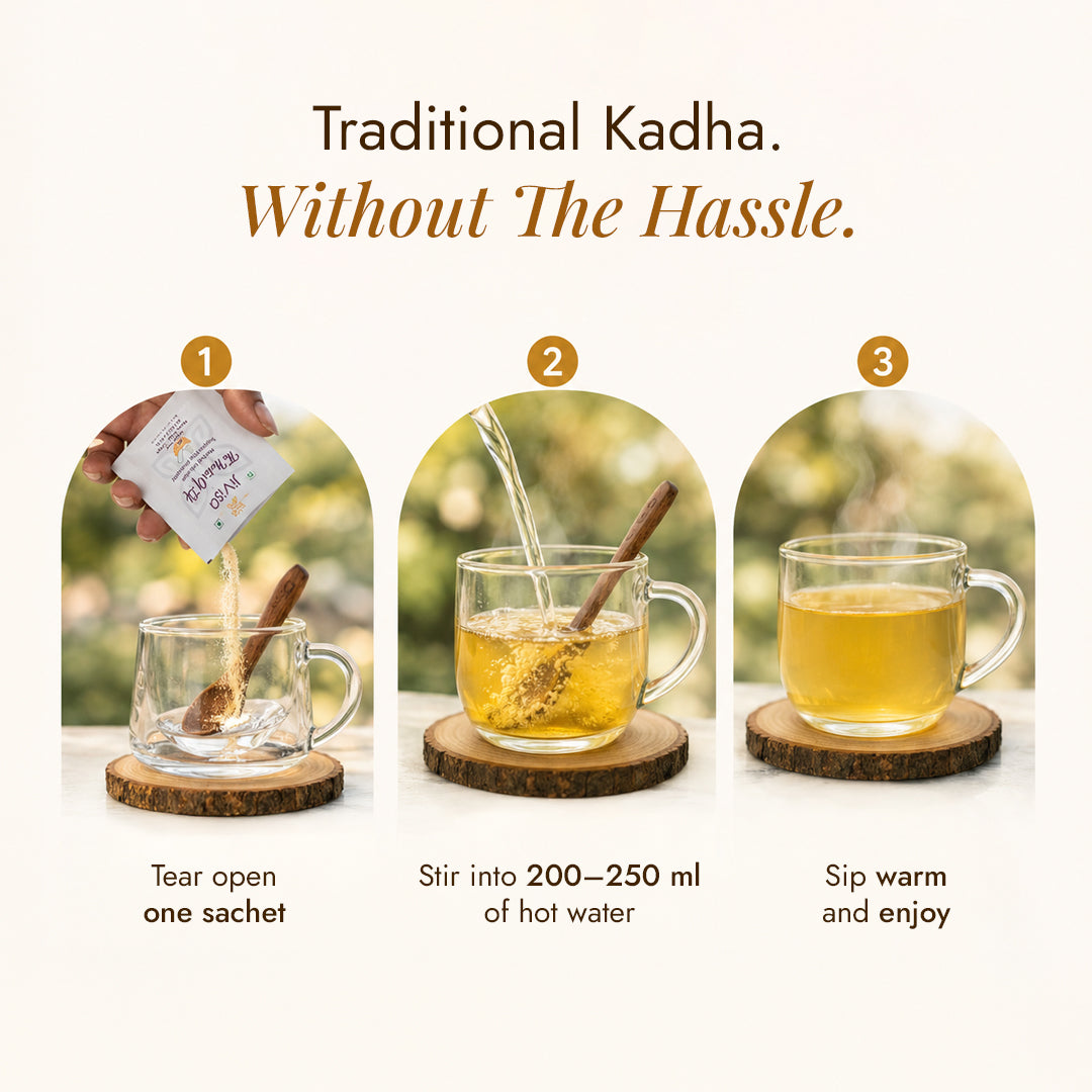 How to use JiViSa Nectar of Life kadha: tear open one sachet, stir into 200 to 250ml hot water, and sip warm
