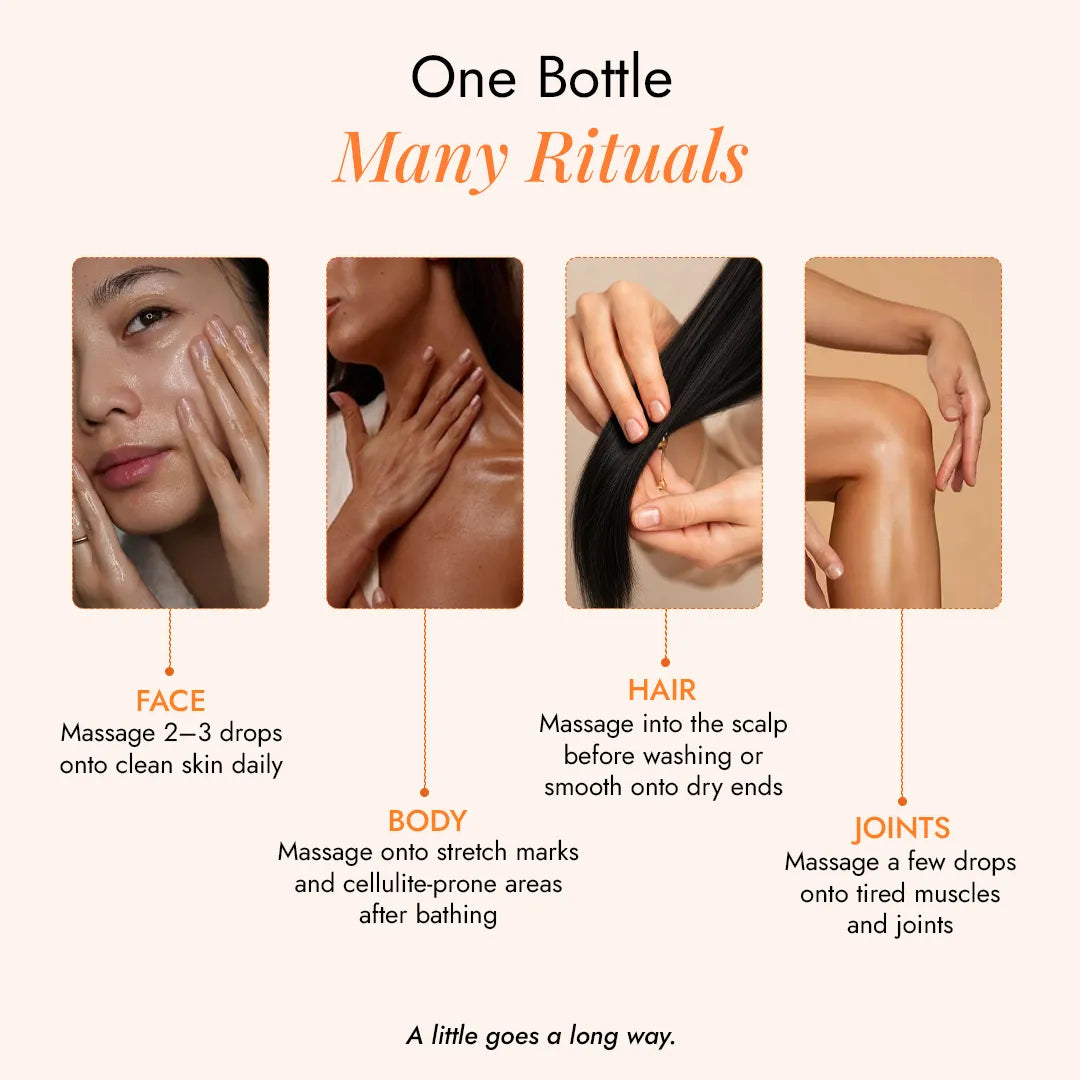 How to use  Khubani apricot oil on face, body, hair, and joints - a few drops massaged in daily for multiple rituals from one bottle