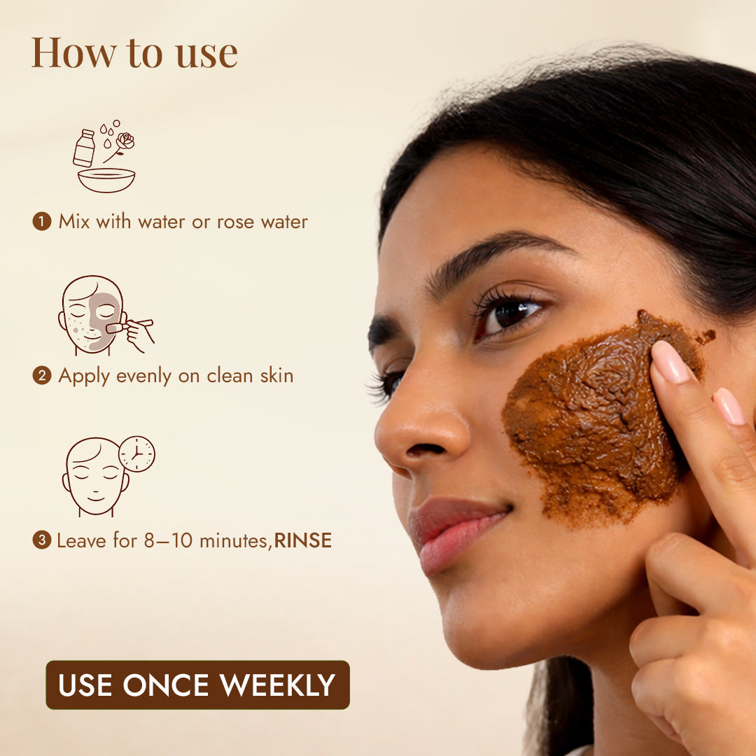 How to use JiViSa Nimba-Tulsi Ubtan: mix with water or rose water, apply on clean skin, leave 8 to 10 minutes, then rinse