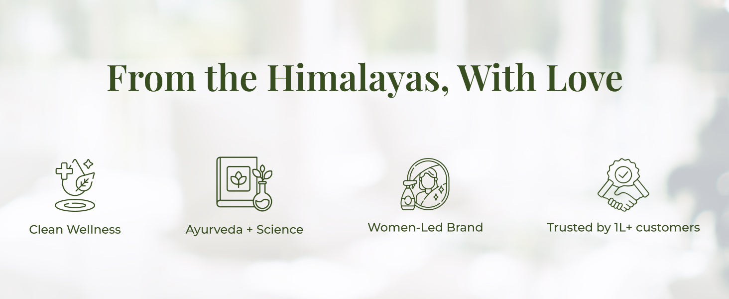 Heading on the image reads: "From the Himalayas, With Love".  Four iconic illustrations with text support each value – a leaf and cross for wellness represent Clean Wellness, a book and flask for Ayurveda & science labeled Ayurveda + Science, a woman icon for Women-Led Brand, and a handshake with a badge for Trusted by 1L+ customers.