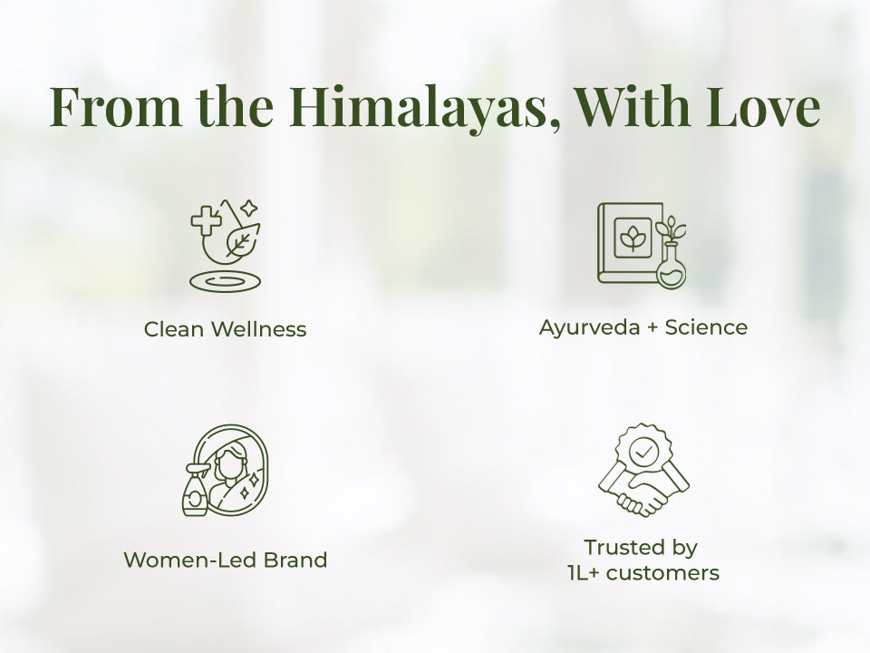 Heading on the image reads: "From the Himalayas, With Love".  Four iconic illustrations with text support each value – a leaf and cross for wellness represent Clean Wellness, a book and flask for Ayurveda & science labeled Ayurveda + Science, a woman icon for Women-Led Brand, and a handshake with a badge for Trusted by 1L+ customers.

