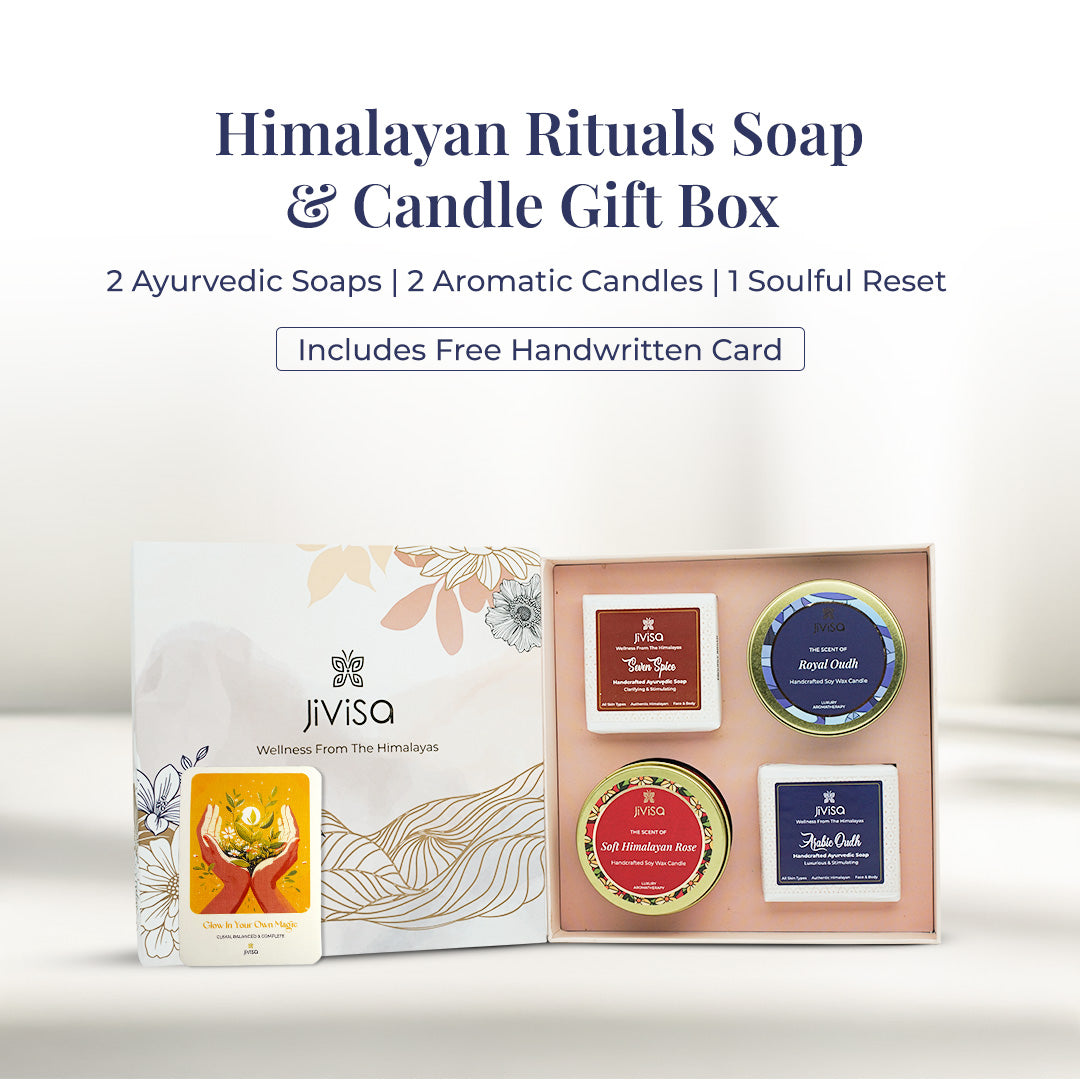 JiViSa Himalayan Rituals Soap &amp; Candle Gift Box contain 2 Ayurvedic Soaps | 2 Aromatic Candles | 1 Soulful Reset. Includes Free Handwritten Card. An open Himalayan Rituals Soap &amp; candle gift box by JiViSa featuring two Ayurvedic soaps (Seven Spice and Arabic Oudh) and two aromatic soy wax candles (Royal Oudh and Soft Himalayan Rose). The box also includes an elegant handwritten gift card and floral packaging that embodies care and calm.