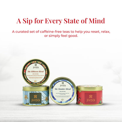 Text on the image reads: &quot;A Sip for Every State of Mind – A curated set of caffeine-free teas to help you reset, relax, or simply feel good&quot;. JiViSa handmade herbal tea tins are showcased on a white background highlighting the colorful packaging designs of the Mountain, Hibiscus, Slumber, and Rose blends. 