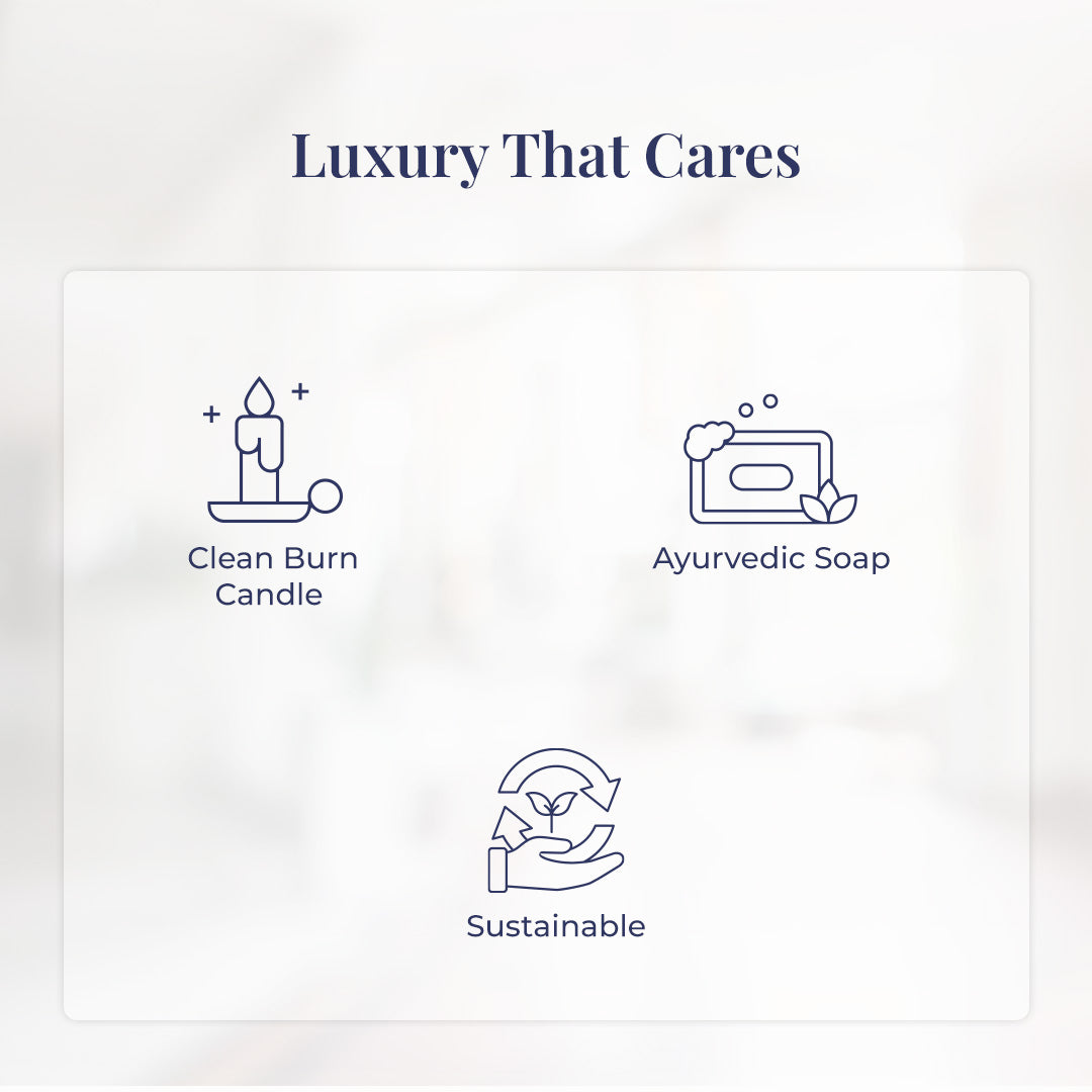 Tagline reads: &quot;Luxury That Cares&quot; followed by a clean, minimal infographic layout with three blue colored icons representing JiViSa&