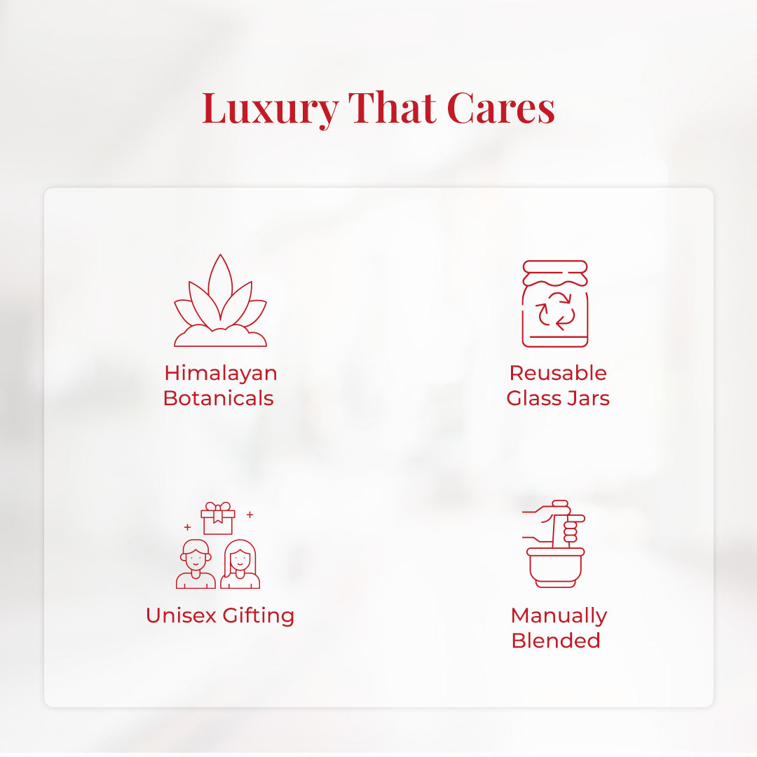 Tagline reads: &quot;Luxury That Cares&quot; followed by a clean, minimal infographic layout with four red icons representing JiViSa&