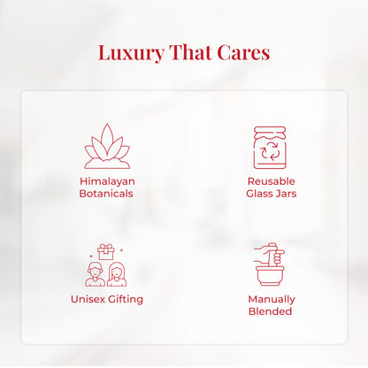 Tagline reads: &quot;Luxury That Cares&quot; followed by a clean, minimal infographic layout with four red icons representing JiViSa&