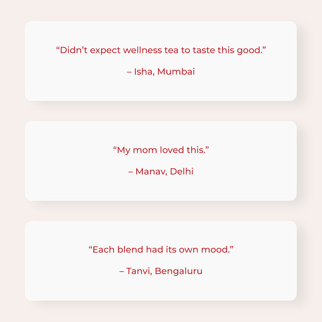 A pale pink background features three customer reviews in simple white boxes – “Didn’t expect wellness tea to taste this good.” – Isha, Mumbai | “My mom loved this.” – Manav, Delhi | “Each blend had its own mood.” – Tanvi, Bengaluru.
