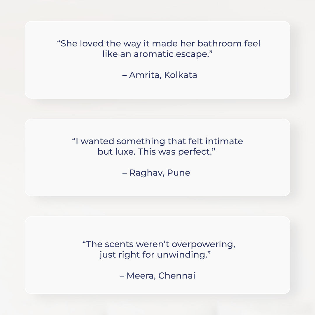 Three Customer Reviews displayed on a clean white box – “She loved the way it made her bathroom feel like an aromatic escape.” – Amrita, Kolkata | “I wanted something that felt intimate but luxe. This was perfect.” – Raghav, Pune | “The scents weren’t overpowering, just right for unwinding.” – Meera, Chennai