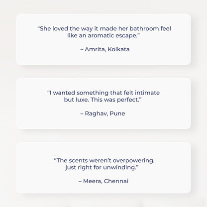 Three Customer Reviews displayed on a clean white box – “She loved the way it made her bathroom feel like an aromatic escape.” – Amrita, Kolkata | “I wanted something that felt intimate but luxe. This was perfect.” – Raghav, Pune | “The scents weren’t overpowering, just right for unwinding.” – Meera, Chennai