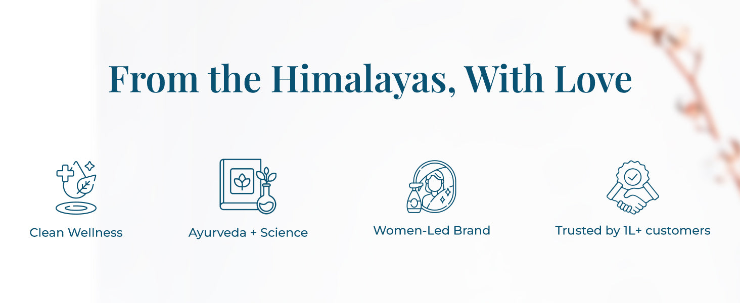 Heading on the image reads: "From the Himalayas, With Love".  Four iconic illustrations with text support each value – a leaf and cross for wellness represent Clean Wellness, a book and flask for Ayurveda & science labeled Ayurveda + Science, a woman icon for Women-Led Brand, and a handshake with a badge for Trusted by 1L+ customers.
