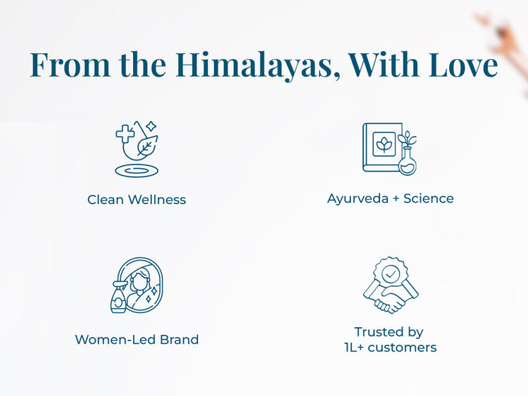 Heading on the image reads: "From the Himalayas, With Love".  Four iconic illustrations with text support each value – a leaf and cross for wellness represent Clean Wellness, a book and flask for Ayurveda & science labeled Ayurveda + Science, a woman icon for Women-Led Brand, and a handshake with a badge for Trusted by 1L+ customers.
