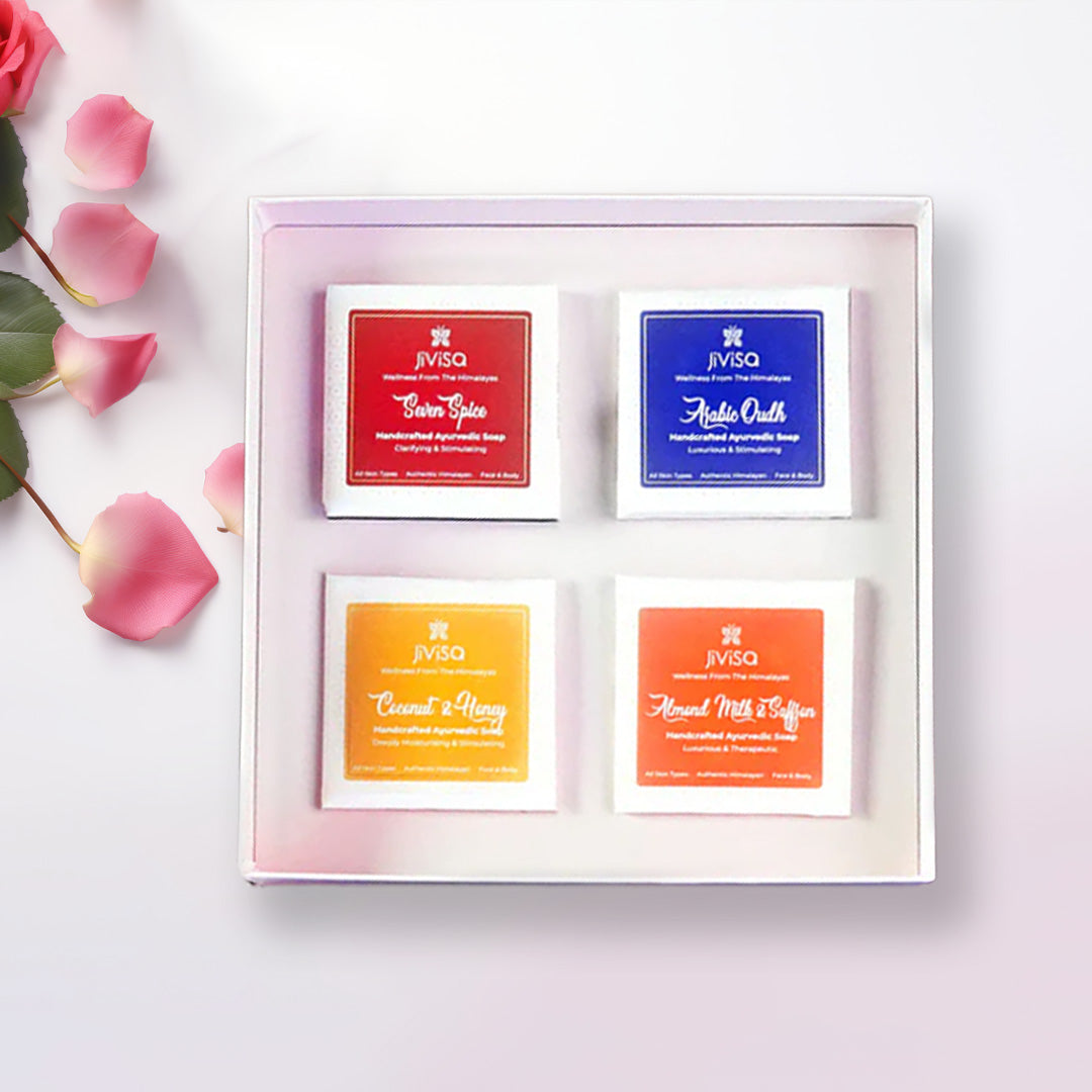 JiViSa Luxury Ayurvedic Handmade Soaps Gift Box contain four distinct Handmade soaps: Seven Spices, Arabic Oudh, Coconut &amp; Honey and Almond Milk &amp; Saffron.