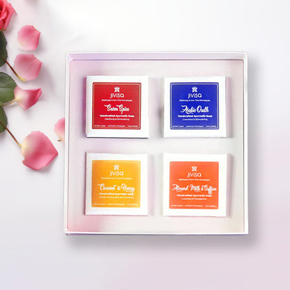 JiViSa Luxury Ayurvedic Handmade Soaps Gift Box contain four distinct Handmade soaps: Seven Spices, Arabic Oudh, Coconut &amp; Honey and Almond Milk &amp; Saffron.