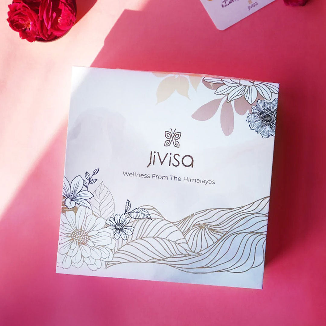 "JiViSa Ayurvedic Glow Soap Gift Box" with floral and Himalayan line-art design, labeled &