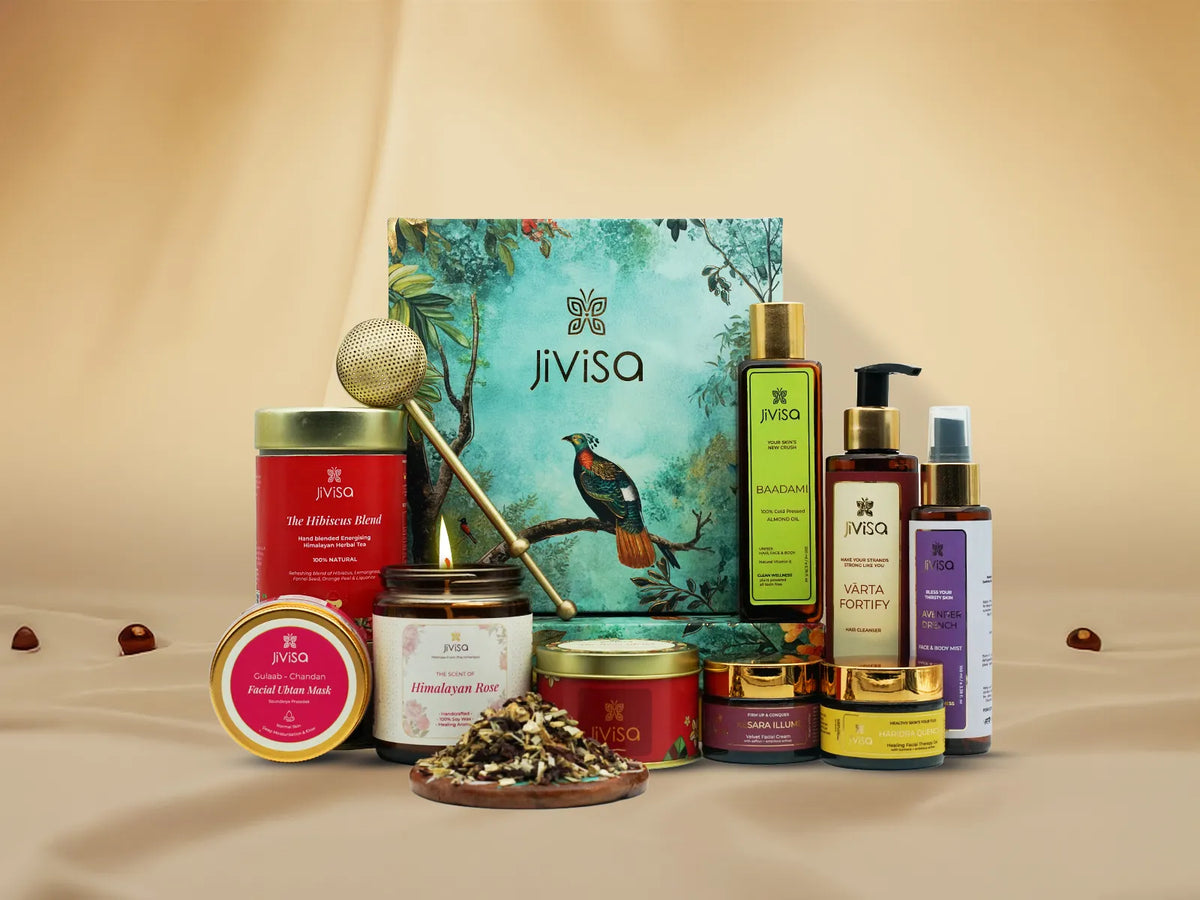 JiViSa Himalayan wellness product range with candle, oils and skincare