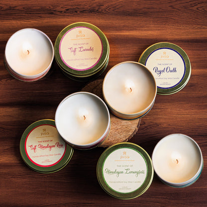 JiViSa Luxury Soy Wax Candle Gift Box presents an elegant collection of handcrafted soy wax candles, each created to elevate your space with soothing Himalayan aromas. This aromatic set includes calming Soft Lavender to ease stress, warm and woody Royal Oudh for a touch of Arabian luxury, romantic Soft Himalayan Rose, and refreshing Himalayan Lemongrass. Housed in stylish gold tin, each candle is crafted with premium soy wax for a clean, long-lasting burn—perfect for gifting or personal relaxation ritual.
