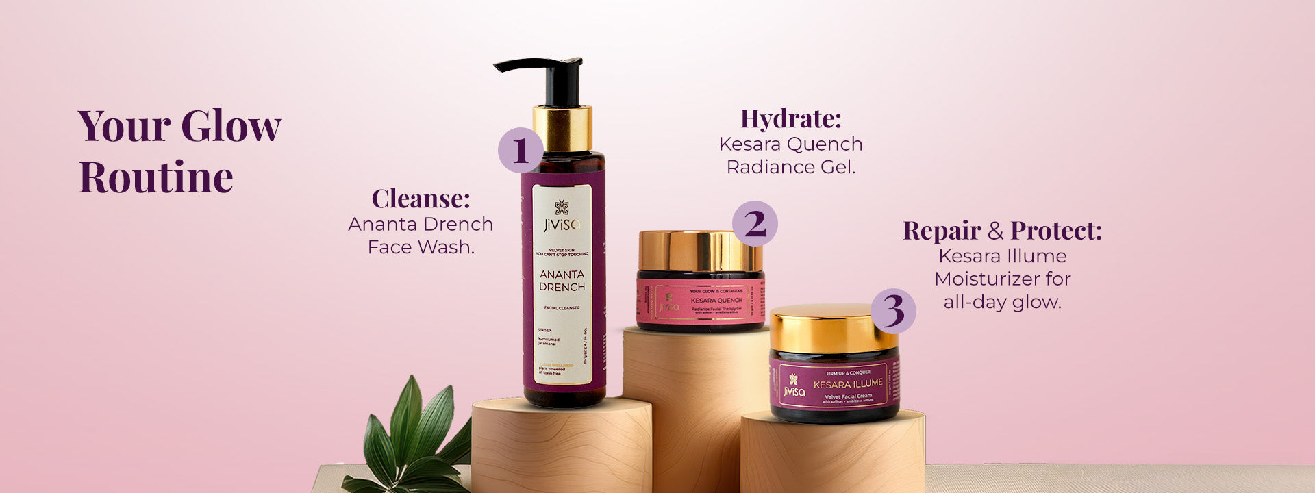 Three-step glow routine showing Ananta Drench face wash, Kesara Quench gel, and Kesara Illume moisturizer.